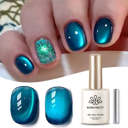 Picture of Born Pretty Cat Magnetic Eye Gel Nail Polish, Sea Blue Crystal Cat Magnetic Gel Nail Polish, Holographic Magnetic Nail Polish for Nail Art Manicure Salon DIY at Home 15ML