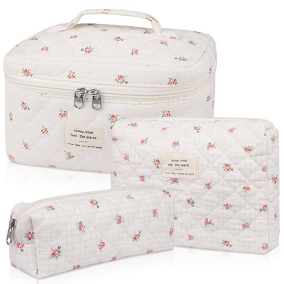 Picture of Makeup Bag Set, Quilted Makeup Bag, Large Floral Cosmetic Bag for Women, Cute Cotton Makeup Bags, Flower Travel Toiletry Organizer Bag(Plaid Floer)