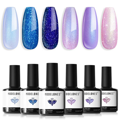 Picture of Modelones Gel Nail Polish Set 6 Colors Blue Pink Purple Glitter Gel Nail Polish Chameleon White Sparkle Shimmer Reflective Glitter Gel Polish Soak Off UV Spring Nail Art DIY Salon Gifts For Women Girl