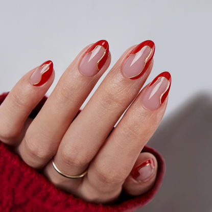 Picture of BTArtbox Press On Nails Almond - Designed Red French Tip Press On Nails Short with Gold Foil, Glue On Nails for Gifts, Stick On Nails in 16 Sizes, Wildfire Waves