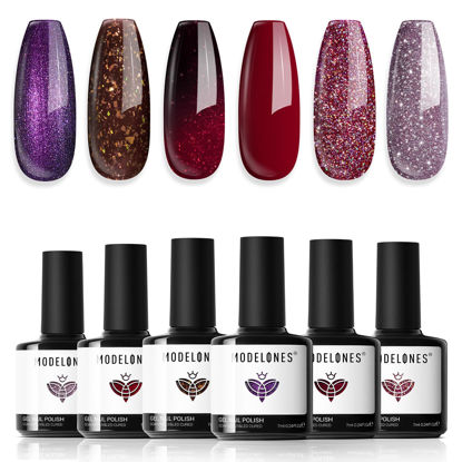 Picture of modelones Gel Nail Polish Set 6 Colors Red Burgundy Brown Purple Glitter Gel Nail Polish Color Changing Sparkle Shimmer Gel Polish Kit Soak Off UV Nail Art DIY Salon Gifts For Women Girl