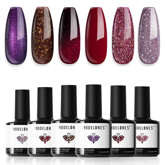 Picture of modelones Gel Nail Polish Set 6 Colors Red Burgundy Brown Purple Glitter Gel Nail Polish Color Changing Sparkle Shimmer Gel Polish Kit Soak Off UV Nail Art DIY Salon Gifts For Women Girl