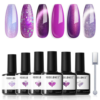 Picture of Modelones Gel Nail Polish Set 6 Colors Purple Silver Cat Eye Gel Nail Polish Glitter Purple Chameleon Sparkle Silver Shade Shimmer Magnet Gel Polish Soak Off Led Nail Art DIY Salon Gift For Women Girl