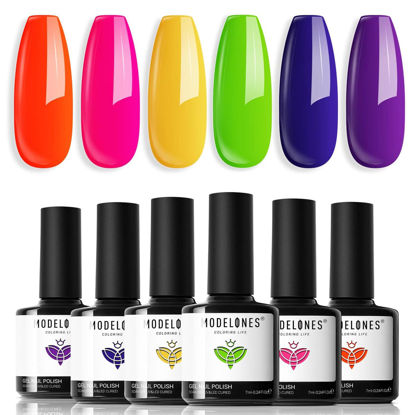 Picture of modelones Neon Gel Nail Polish Set, 6 Summer Neon Bright Colors Hot Pink Green Navy Blue Purple Orange Yellow Nail Gel Kit Soak Off Nail Art Design Manicure DIY at Home Salon Gift for Girls Ladies