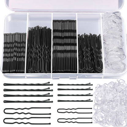 Picture of Teenitor 300pcs Hair Pins Bobby Pins Black, 100 Black Bobby Pins 100 Hair Pins for Women and 100 Clear Hair Bands Kit, Black Hair Pins for Buns 2" 2.36" and Black Bobby Pins 2" 2.75"