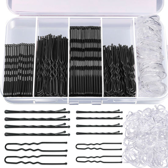 Picture of Teenitor 300pcs Hair Pins Bobby Pins Black, 100 Black Bobby Pins 100 Hair Pins for Women and 100 Clear Hair Bands Kit, Black Hair Pins for Buns 2" 2.36" and Black Bobby Pins 2" 2.75"