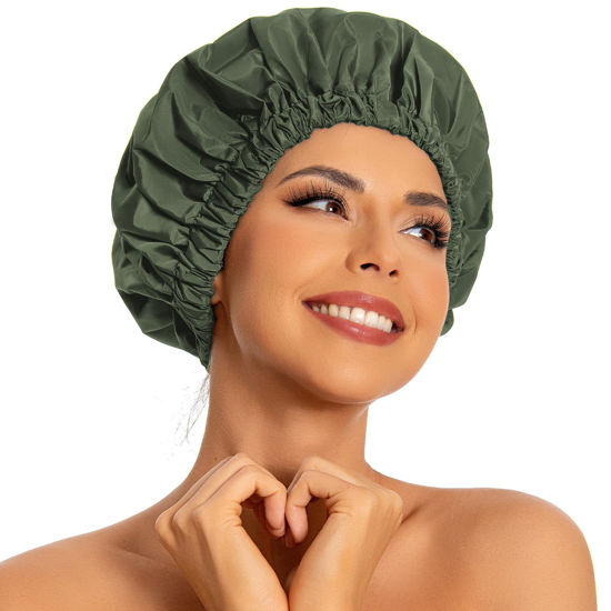 Picture of Reusable Shower Cap for Women, Large Waterproof Shower Bonnet Washable Elastic Band Bath Hair Hat for Long Hair, Braids(Green)