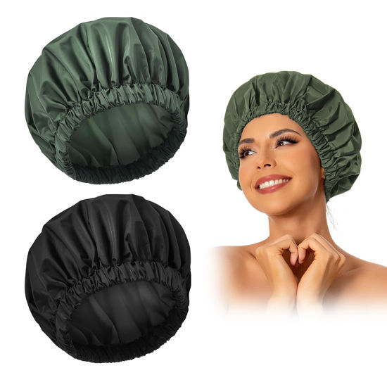Picture of Reusable Shower Cap for Women, Large Waterproof Shower Bonnet Washable Elastic Band Bath Hair Hat for Long Hair, Braids(Black&Green)