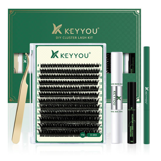 Picture of DIY Lash Extension Kit 144pcs 8-18MIX Lash Clusters with Super Hold Mascara Brush Bond and Seal Lash Remover Lash Applicators Lash Brush and Cleaning Pad for KEYYOU DIY Lash Kit (Y10 Kit)