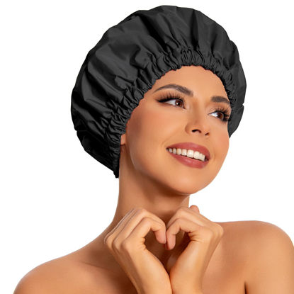 Picture of Reusable Shower Cap for Women, Large Waterproof Shower Bonnet Washable Elastic Band Bath Hair Hat for Long Hair, Braids(Black)