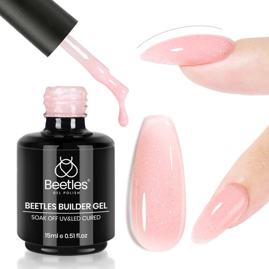 Picture of Beetles Builder Gel, Building Nail Gel 7-in-One Nude Pink Glitter Builder Strengthener Gel, Pale Pink Sparkle Sheer Base Gel for Nails Hard Jelly Gel for Nails Builder Extension for Nails Art Design