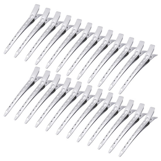 Picture of 24 Packs Duck Bill Clips, Bantoye 3.35 Inches Rustproof Metal Alligator Curl Clips with Holes for Hair Styling, Hair Coloring, Matte Silver
