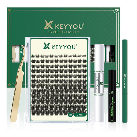 Picture of DIY Lash Extension Kit KEYYOU 144pcs Lash Clusters Eyelash Extension Kit with Mascara Brush Bond and Seal Lash Remover Lash Applicators Lash Brush Clean Pad for DIY Lash Extensions (Y22 Kit)