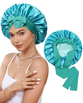 Picture of Satin Bonnet Silk Bonnet for Sleeping Silk Sleep Cap Double Layer Hair Bonnet with Elastic Tie Band for Curly Hair Night Cap (Peacock Green+Wheat Green)