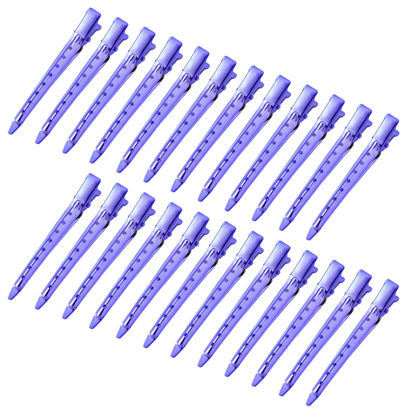 Picture of 24 Packs Duck Bill Clips, Bantoye 3.35 Inches Rustproof Metal Alligator Curl Clips with Holes for Hair Styling, Hair Coloring, Bright Purple