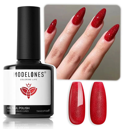 Picture of modelones Red Gel Nail Polish,15 ML Christmas Red Gel Nail Polish Holographic Winter Sparkle Red Shimmer Glitter New Year Shades Shopping Gel Polish Soak Off LED Halloween Nail Art Gel DIY Salon Gift