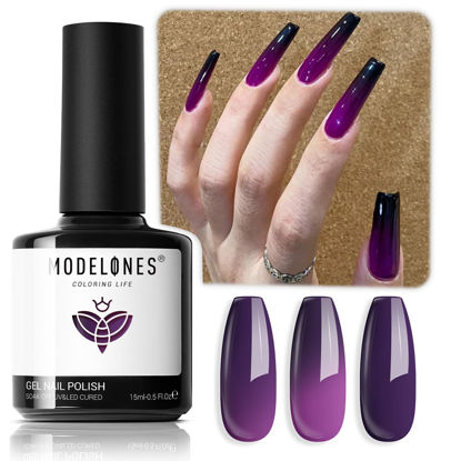 Picture of modelones Color Changing Black Purple Gel Nail Polish, 15 ML Black Dark Purple Mood Temperature Change Nail Polish Gel Soak Off Black Nail Art DIY Salon Manicure Holiday Gift for Girls Women
