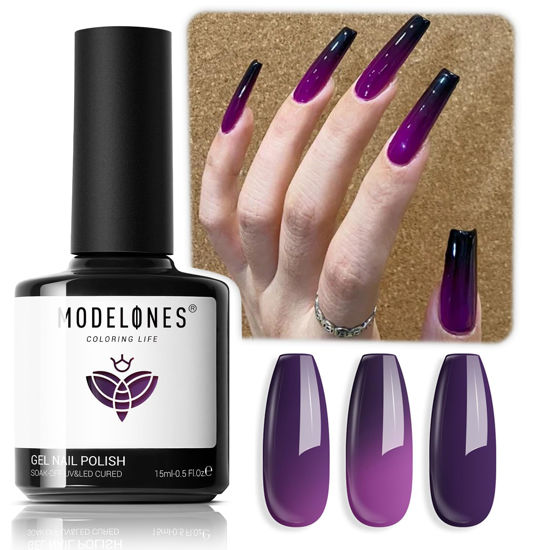 Picture of modelones Color Changing Black Purple Gel Nail Polish, 15 ML Black Dark Purple Mood Temperature Change Nail Polish Gel Soak Off Black Nail Art DIY Salon Manicure Holiday Gift for Girls Women