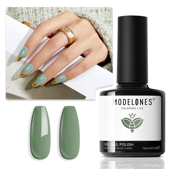 Picture of modelones Green Gel Nail Polish, 15 ML Sage Green Color Gel Polish Fall Winter Halloween Christmas Nail Gel Polish Soak Off Led Nail Art Gel Manicure Salon DIY Gifts