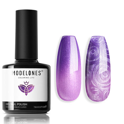 Picture of modelones Color Changing Gel Nail Polish, 15 ML Pearl Gel Polish Temperature Color Changing Mood Pearlescent Purple Pink Swirl Thread Texture Soak off UV Cured Gel Polish Salon Manicure Art