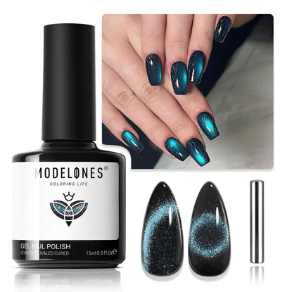 Picture of modelones Cat Eye Gel Nail Polish, 15ML Holographic 9D Black Cat Eye Glitter Multichrome Gel Polish Black Blue Nail Gel Polish with Magnet Soak Off Led Mani Nail Art Gel DIY Salon Gift