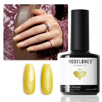Picture of modelones Chrome Platinum Glitter Gel Nail Polish, 1 PCS 15ML Glitter Sparkly Shiny Yelllow Gel Polish Soak OFF LED Nail Art Gel Nail Manicure Salon DIY Nails Gift