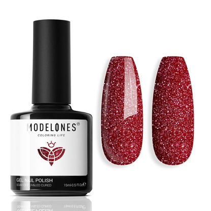 Picture of modelones Glitter Gel Nail Polish, 15 ML Glitter Sparkle Bright Red Nail Polish Shiny Holographic Gel Polish Soak OFF LED Nail Art Christmas Winter Gel Nail Manicure Salon DIY Nails Gift for Women