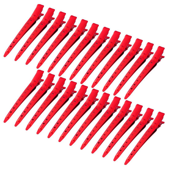 Picture of 24 Packs Duck Bill Clips, Bantoye 3.35 Inches Rustproof Metal Alligator Curl Clips with Holes for Hair Styling, Hair Coloring, Matte Red
