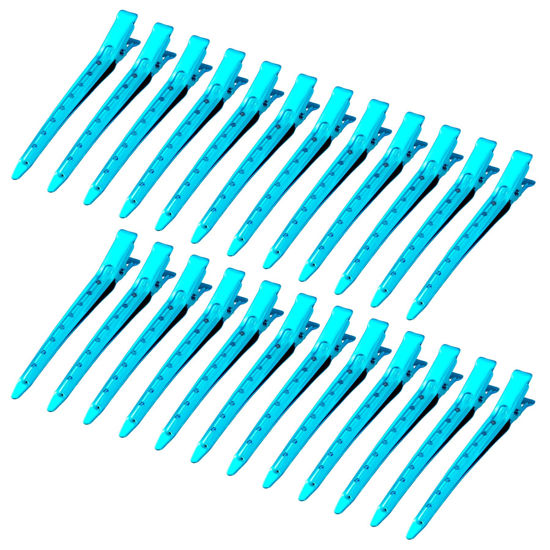 Picture of 24 Packs Duck Bill Clips, Bantoye 3.35 Inches Rustproof Metal Alligator Curl Clips with Holes for Hair Styling, Hair Coloring, Bright Blue