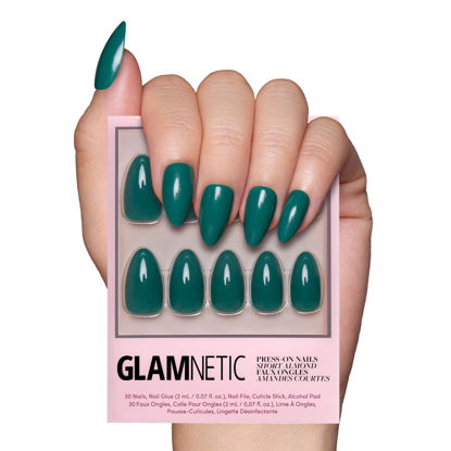 Picture of Glamnetic Press On Nails - Emerald Green | Opaque Cool Tone, Deep Emerald Green Short Almond Short Almond False Nails, Reusable Stick On Fake Nails with Glue | Salon Quality | 15 Sizes - 30 Nail Kit