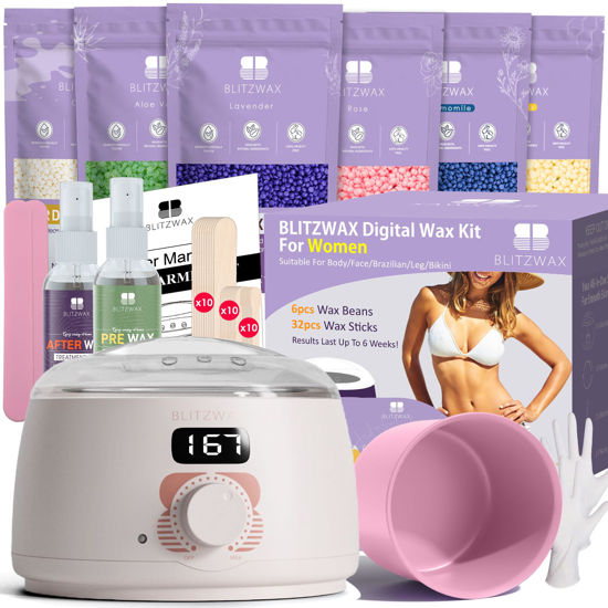 Picture of BLITZWAX Brazilian and Bikini Waxing Kit for Women, Hard Wax Warmer for Face, Legs, and Body, At Home Hair Removal Kit, Beginner Friendly, Quick Heating, 6 Packs Wax Beads