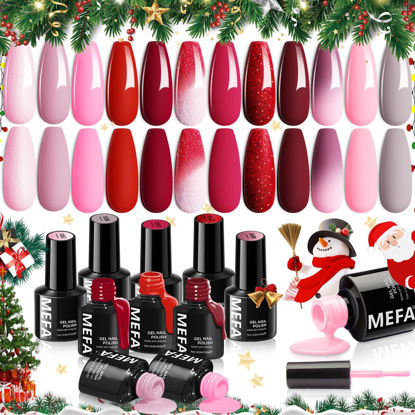 Picture of MEFA Gel Nail Polish Set, 12 Colors Burgundy Red Gel Polish Set Christmas Shimmering Red Glitter Nail Polish Gel Soak Off Rosy red Nude Pink Brown Gel Nail Gifts for Women Girl DIY Salon Home Manicure