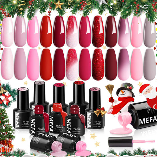 Picture of MEFA Gel Nail Polish Set, 12 Colors Burgundy Red Gel Polish Set Christmas Shimmering Red Glitter Nail Polish Gel Soak Off Rosy red Nude Pink Brown Gel Nail Gifts for Women Girl DIY Salon Home Manicure