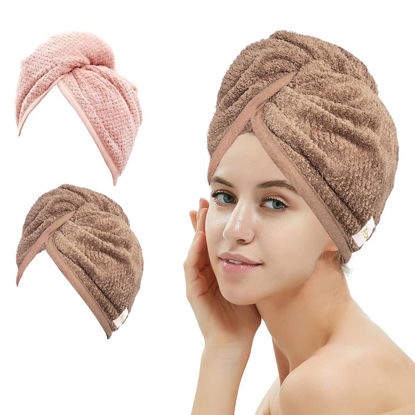 Picture of M-bestl 2 Pack Hair Drying Towels, Hair Wrap Towels, Absorbent Microfiber Hair Towel Turban with Button Design to Dry Hair Quickly(Coffee& Pink)