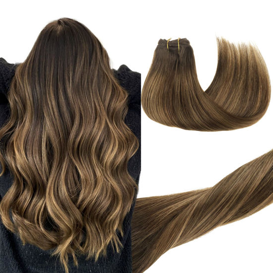 Picture of GOO GOO Clip in Hair Extensions Real Human Hair, Remy Human Hair Extensions Clip ins for Women, Natural Human Hair, 14inch 120g 7Pcs, 4D/14/5B Brunette Balayage