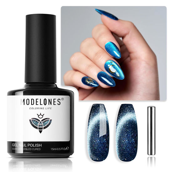 Picture of modelones Cat Eye Gel Nail Polish,15 ML Blue Gel Nail Polish Christmas Sparkle Reflective Glitter Gel Polish Fall Winter Dark Blue 9D Polish Gel polish with Magnet Soak Off LED Nail Art Gel DIY Salon