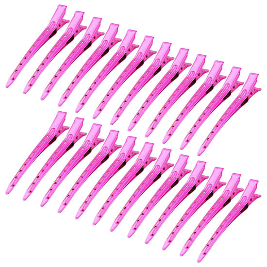 Picture of 24 Packs Duck Bill Clips, Bantoye 3.35 Inches Rustproof Metal Alligator Curl Clips with Holes for Hair Styling, Hair Coloring, Bright Pink