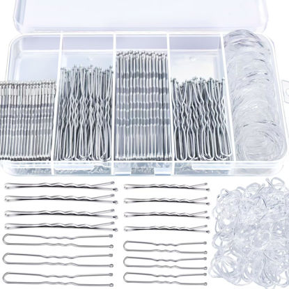 Picture of Teenitor 300pcs Silver Bobby Pins Hair Pins Kit, 100pcs Bobby Pins 100pcs Hair Pins for Women, Hair Pins for Buns， 100pcs Hair Bands, Hair Pin 2" 2.36", Silver Bobby Pins for Gray Hair 2" 2.75"