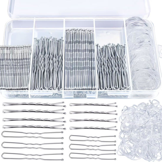 Picture of Teenitor 300pcs Silver Bobby Pins Hair Pins Kit, 100pcs Bobby Pins 100pcs Hair Pins for Women, Hair Pins for Buns， 100pcs Hair Bands, Hair Pin 2" 2.36", Silver Bobby Pins for Gray Hair 2" 2.75"