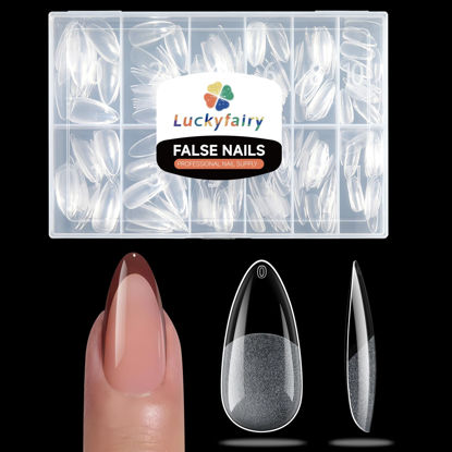 Picture of Luckyfairy Medium Almond Nail Tips, 240pcs Soft Gel Pre-Filed Acrylic Almond Fake Nails, Half Matte Full Cover Clear Press on Flase Nail Tips for Nail Extension Home DIY 12 Sizes Gelly Tips