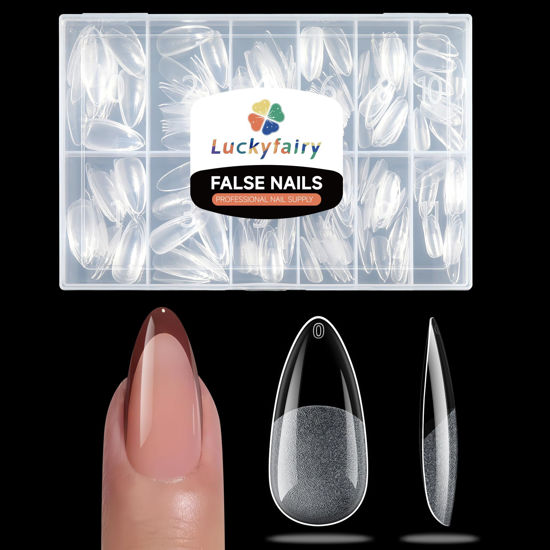 Picture of Luckyfairy Medium Almond Nail Tips, 240pcs Soft Gel Pre-Filed Acrylic Almond Fake Nails, Half Matte Full Cover Clear Press on Flase Nail Tips for Nail Extension Home DIY 12 Sizes Gelly Tips