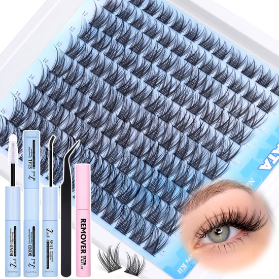 Picture of PHKERATA Natural Lash Extension Kit Wispy Lash Clusters Kit Lashes Clusters C Curl Cluster Eyelash Extension DIY Cluster Lashes with Lash Bond Seal Lash Glue Remover Lash Tweezers Individual Lashes