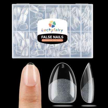 Picture of Luckyfairy Extra Short Almond Nail Tips, 240pcs Soft Gel Pre-Shaped Acrylic Fake Nails, Half Matte Full Cover Clear Gelly Press on Flase Nail Tips for Extension Nail Manicure Home DIY 12 Sizes