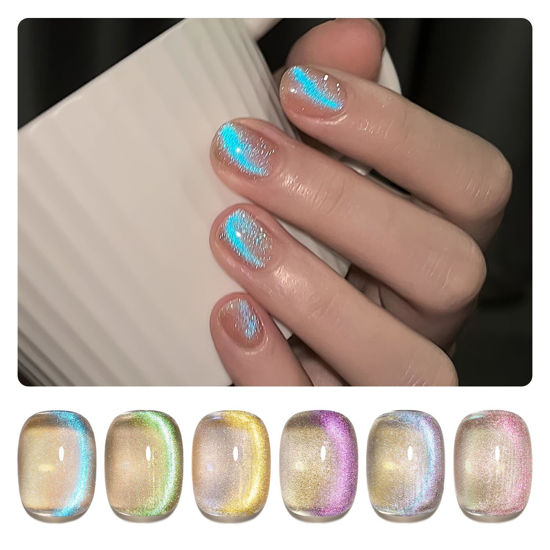Picture of GAOY Cat Eye Gel Nail Polish Set with Magnet for Blue Glitter Holographic Cat Eye, Salon Gel Manicure and Nail Art DIY at Home，Mermaid's Tears