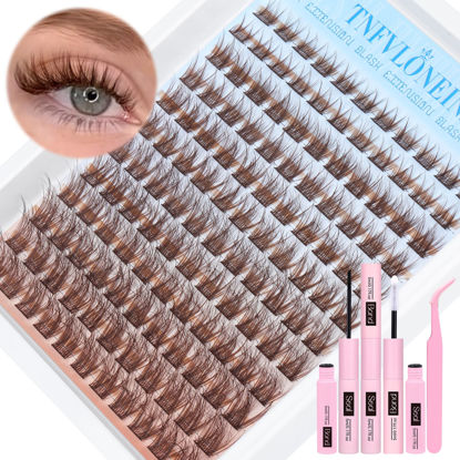Picture of Brown Lash Clusters Kit Natural Eyelash Clusters Fluffy Lash Extension Kit Wispy Eyelash Extension Kit Matte Brown Cluster Eyelash Extensions 8-16mm Individual Lashes Clusters by TNFVLONEINS