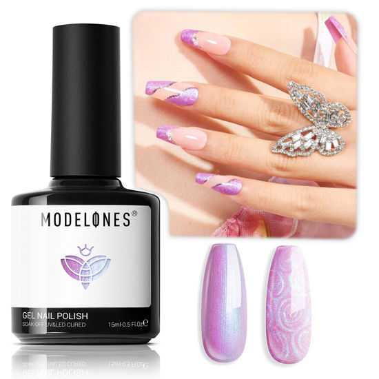 Picture of modelones Pearl Gel Nail Polish, 15 ML Shimmer Pearl Pink Purple Mermaid Nail Drawing Glitter Gel Polish Soak Off Led Nail Gel Polish Swirl Shell Thread Effect DIY Mani Gift