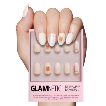 Picture of Glamnetic Press On Nails - Gingerbread Knit | Graphic Gingerbread Sweater Knit 3D Opaque Short Oval False Nails, Reusable Stick On Fake Nails with Glue | Salon Quality | 15 Sizes - 30 Nail Kit