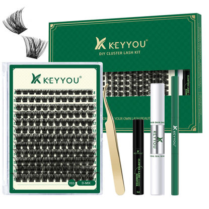 Picture of DIY Lash Extension Kit KEYYOU 144pcs Lash Clusters Eyelash Extension Kit with Mascara Brush Bond and Seal Lash Glue Remover Lash Applicators Lash Brush Clean Pad for DIY Lash Extensions (Y03 Kit)