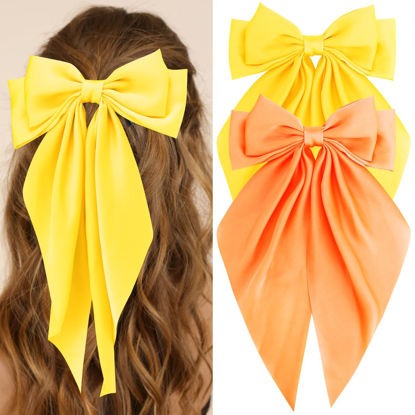 Picture of Atoden Hair Bows Silky Satin Bows for Hair Ribbons 2Pcs Coquette Oversized Long Tail Hair Bow Clips Barrettes Big Bowknot Hair Accessories for Women Girl Trendy Stuff Gifts (Yellow Orange)