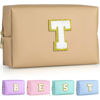 Picture of TOPEAST Preppy Stuff for Girls, Initial Makeup Bag Chenille Letter Pouch Cosmetic Bag with Zipper, PU Leather Waterproof Toiletry Bag, Cute Stuff Birthday Gift For Friends Sister (Khaki T)